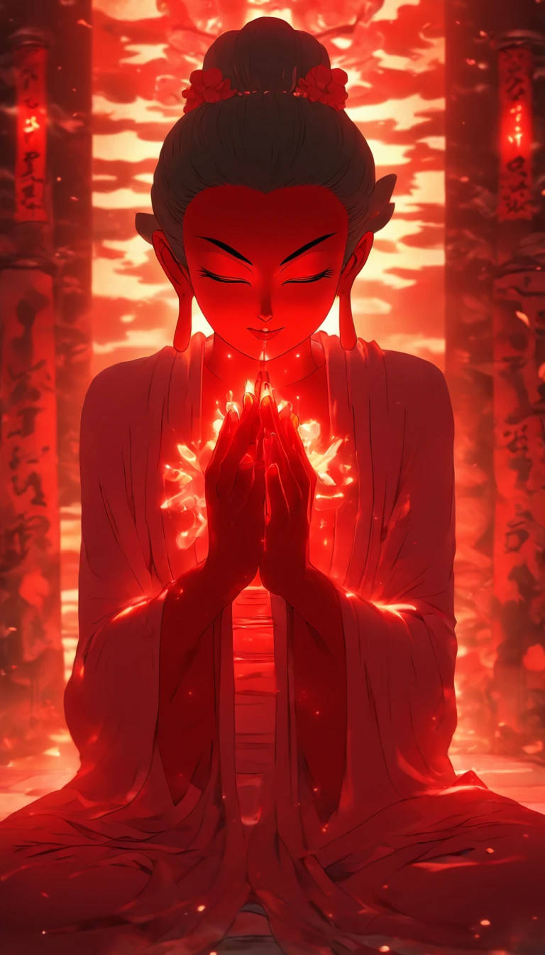 Blood red room, Flashing white TV screen, BUDDHA STATUE, Cover one eye and face, Bright red eyes, Wearing a white transparent robe, Looming full breasts,liquor,Devil， reaching out her hands，Straighten your body, Red nails are exposed, Pinch the camera, hyper HD, Anatomically correct, Textured skin, Super detail, High details, High quality, A high resolution, 8K, hyper HD, Anatomically correct, Textured skin, Super detail, High details, High quality, Best quality, 8K,Leishnampo,Room 2,Horror