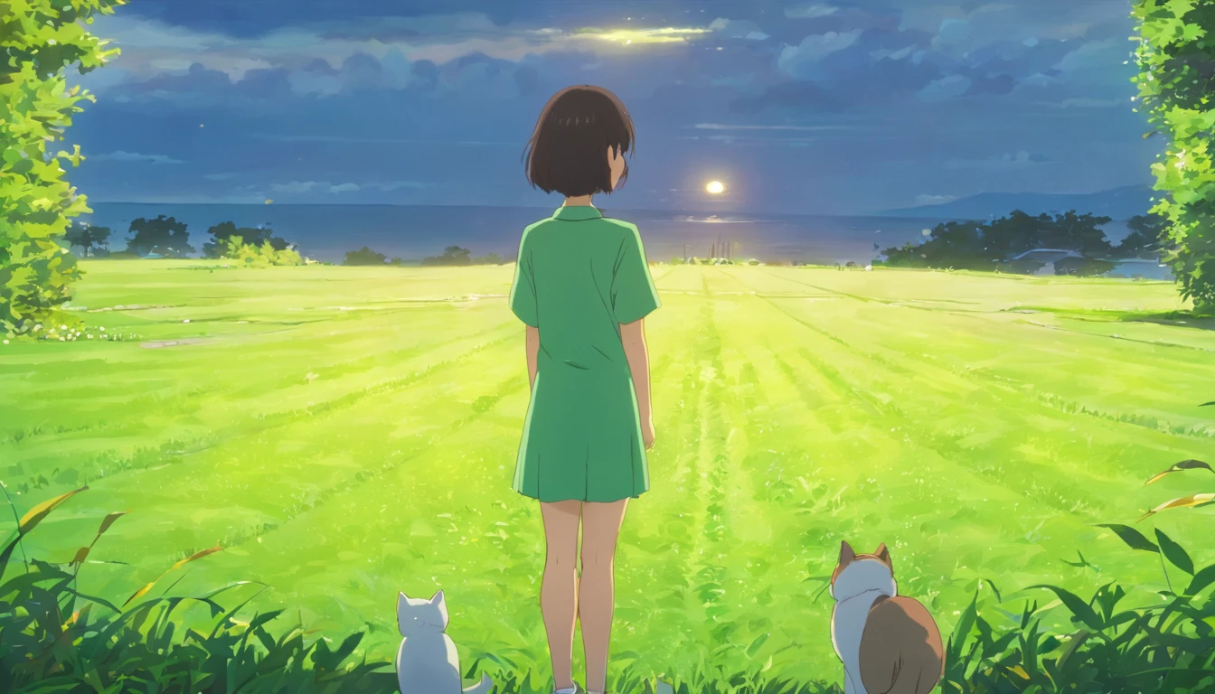 (a gloomy:1.5), Infinite Green [lawn:1.3], natural landscape:1.2], strong craving, Girl with glasses,Youth love, Every expression is gentle, A smile,Accompanied by a cute cat. The combination of beauty and honesty，Streaming Tears，sun shining、The lawn is spreading,