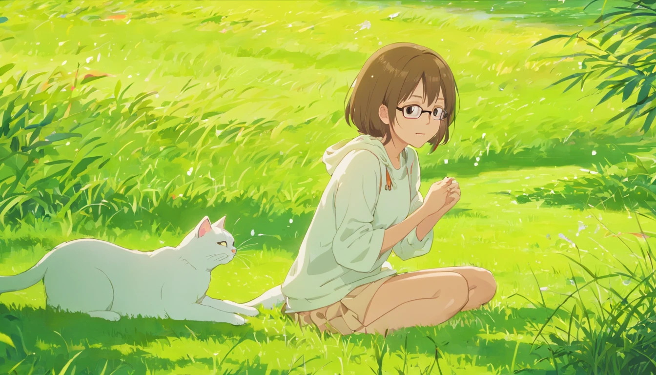 (a gloomy:1.5), Infinite Green [lawn:1.3], natural landscape:1.2], strong craving, Girl with glasses,Youth love, Every expression is gentle, A smile,Accompanied by a cute cat. The combination of beauty and honesty，Streaming Tears，sun shining、The lawn is spreading,