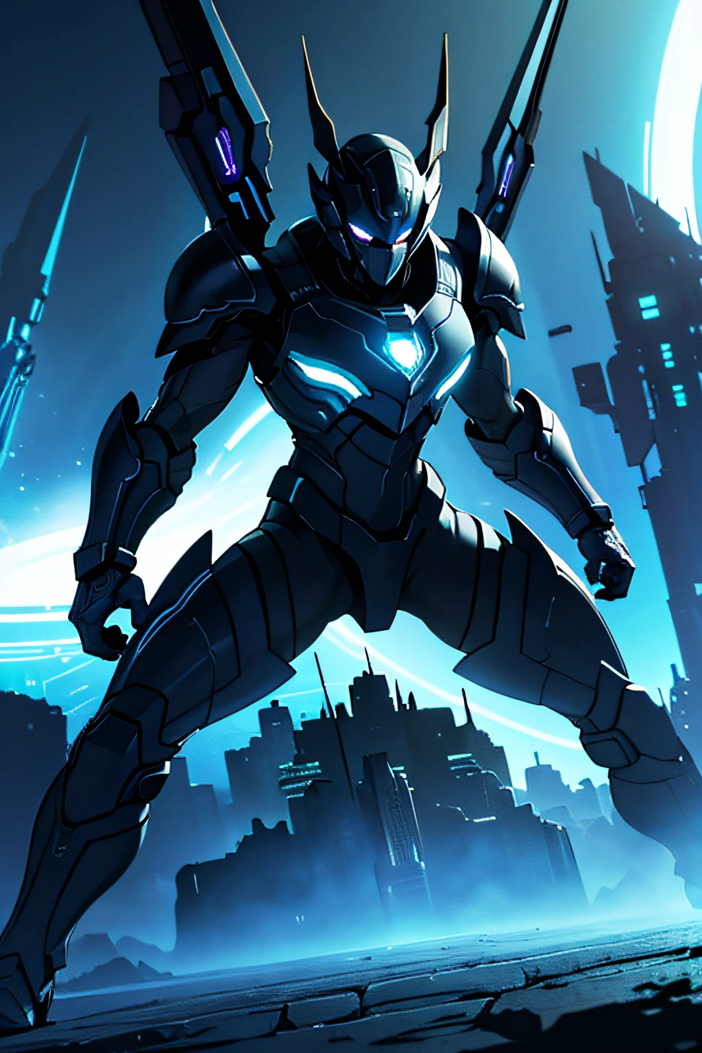detailed eyes, strong confident posture, vibrant colors, dynamic lighting, Sci-Fi art style, metallic texture of the armor, shiny surface, intricate armor details, glowing blue lights, sharp focus, professional rendering, intense gaze, powerful stance, ultra-fine painting, atmospheric perspective, dramatic shadows, realistic proportions, vivid expression, realistic representation, high-resolution artwork, immersive environment, hazy ambiance, surreal atmosphere, otherworldly setting, sci-fi concept art, futuristic technology, futuristic cityscape, neons lights, futuristic building, advanced weaponry, dynamic action, energetic pose, intense movement, captivating composition, mesmerizing visual effects.