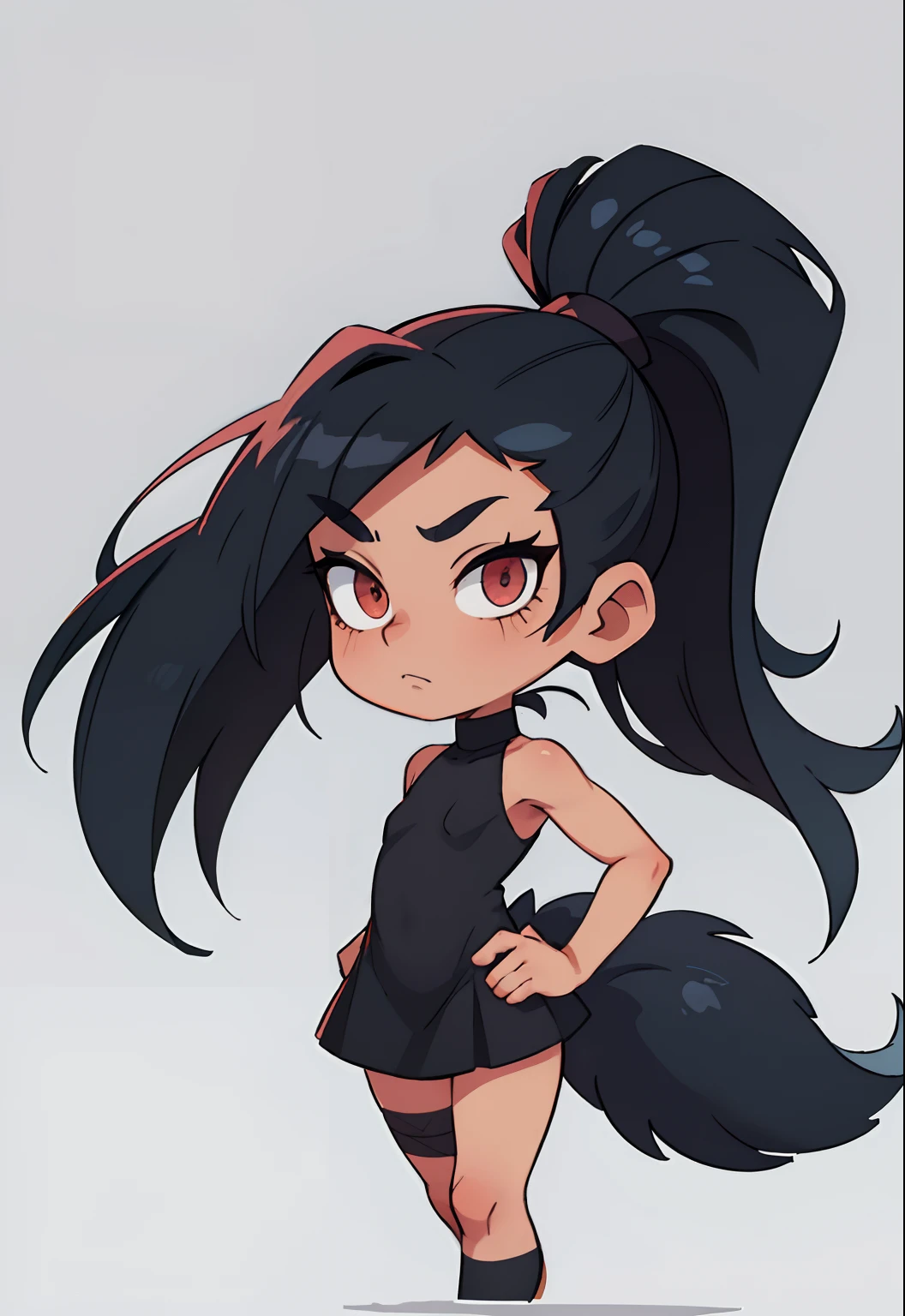 ((beste-Qualit, tmasterpiece)), 
A  girl, 14 years old, dark blue hair tied in a high ponytail, There are two black horns on the head, On the side of the hair is a fox mask, The skin is dark gray, The eyes are gray, pupil in the form of a star, eyelashes of dark beige color, He wears a black bandage on his left eye, green dress just above the knee , On the back are large black wings, There are many gray scars on the legs, There are white bandages on his hands, Behind the fox tail
