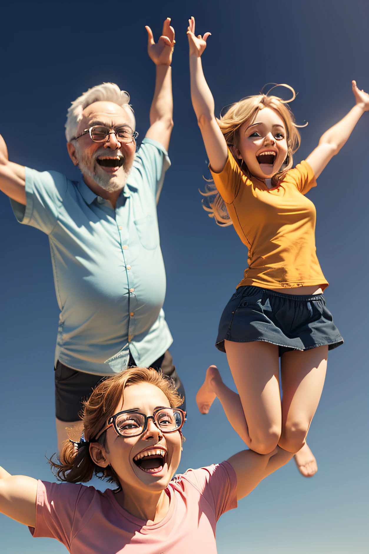 3D drawing of happy adults with arms up