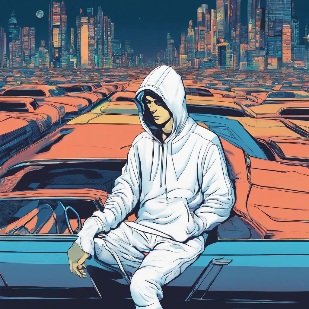 Depressed guy with white hoodie, who sits on the side of the road at night, Denken, Gesicht nicht sichtbar, Bild hat Blaustich