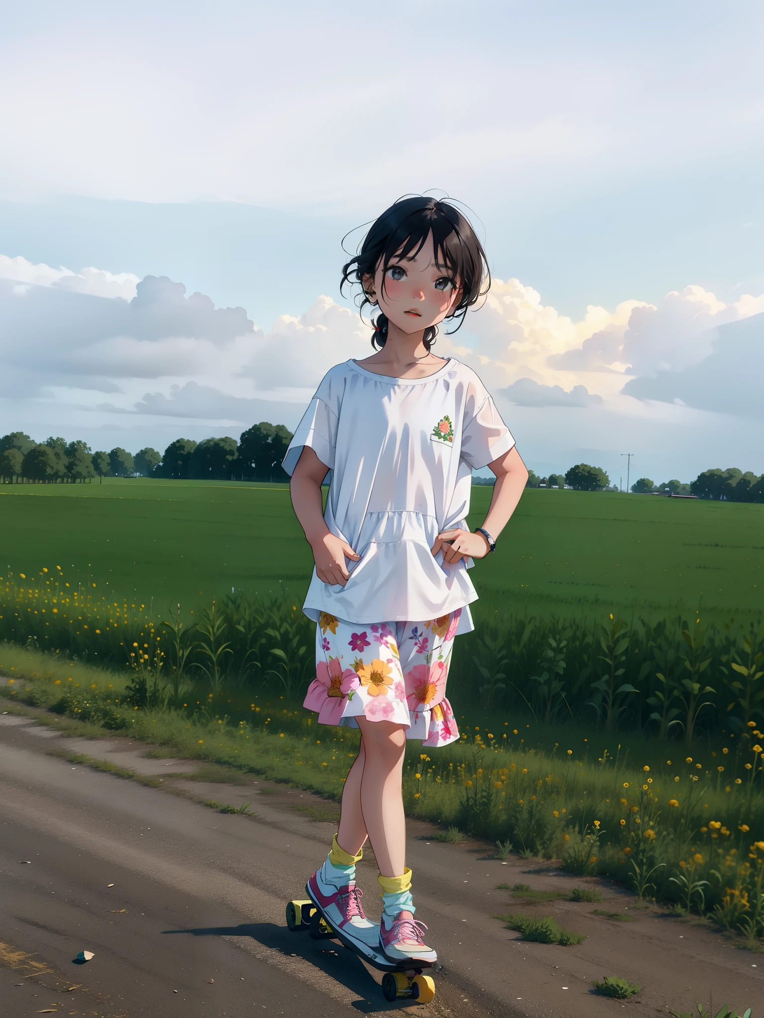 there is a young girl standing on a skateboard on a road, standing in flower field, girl standing in flower field, standing in a flower field, girl standing, girl standing in a flower field, nivanh chanthara, ayan nag, , standing in a field, full body picture, with sunset, standing in a grassy field, standing in grassy field