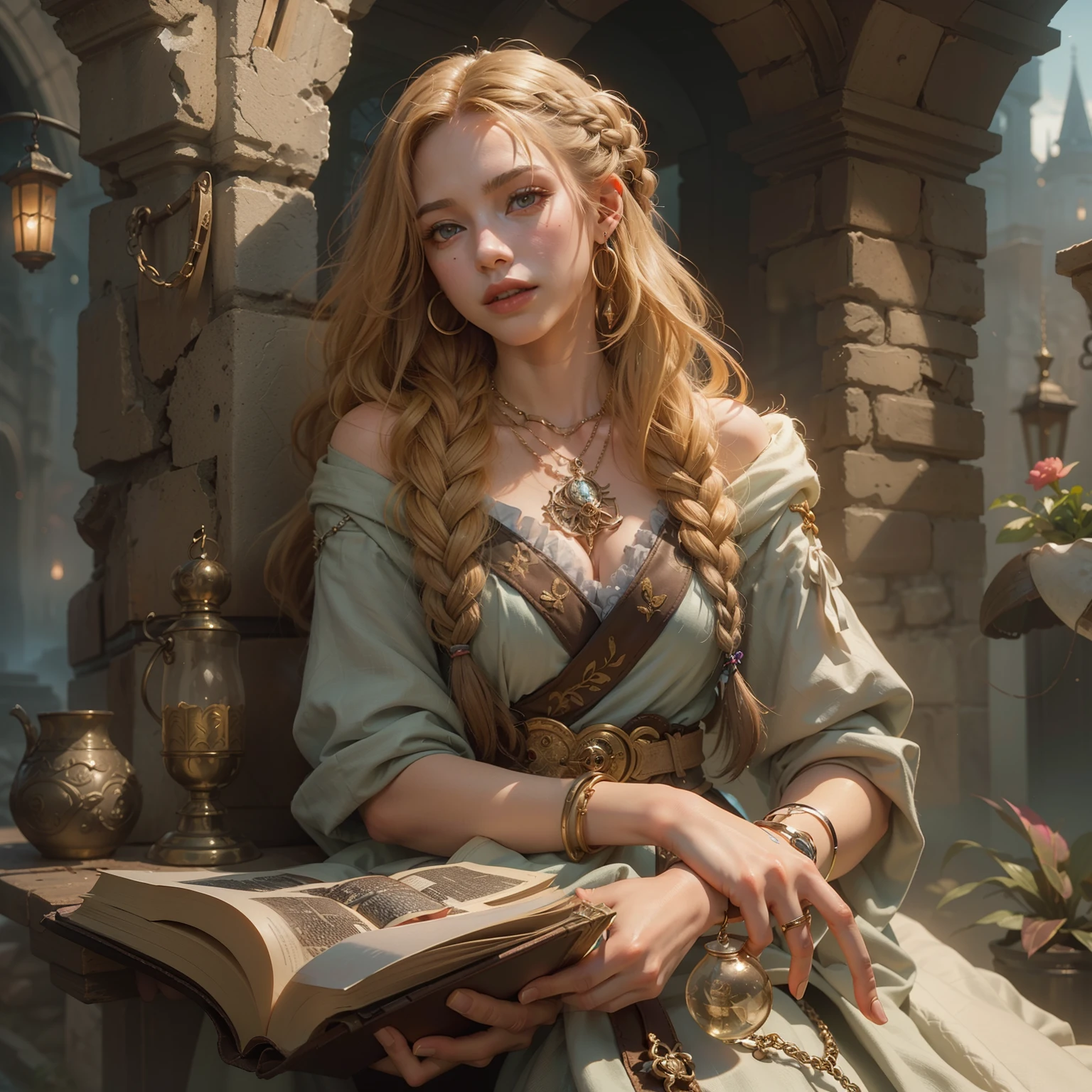 Numerous award-winning masterpieces, with incredible detail, textures and maximum detail, Woman in long dress, fantasy rpg book illustration, fantasy book illustration, rpg book portrait, roleplaying game art, fantasy genre portrait, by Cynthia Sheppard, tyler edlin fantasy art, realistic fantasy illustration, mohrbacher, magali villeneuve', artbook artwork, peter mohrbacher c 2 0, by Jason Chan, Portrait of a female wizard, Female occultist, Female clergy, Portrait of a female necromancer, Portrait of a female magician, Female magician, (Night View), Female necromancer, Female wizard, Medieval woman, Female sorceress, Gentle eyes, (She has a mischievous smile on her face), Friendly and girlish face, Glass earrings on the ears, She holds an old leather-bound book of magic in her hand, ((((Full-length portrait)))), ((((full-body standing image)))), ((((gives full-body standing image)))), (Around her neck is a simple necklace of exquisite workmanship), She holds an old leather-bound book of magic in her right hand, She has a small hanging lantern in her left hand, ((blond hair parted and down in two braids)), (((Sober modest cloth dress with elegant embellishments))), reddish brown braided sandals, (((Cloth dress))), ((She drapes a worn out cloak over her shoulders)), ((looks up)), ((looking down)), (Alchemist's room), (Alchemist's workshop), (Alchemist's laboratory), (Ruins of an old castle), (Ruins of an ancient castle), (Deserted ruins), (crumbling ruins), (Ruins with clear puddles), (Old ruins with clear water), (twilight), (sunset), (dusk),