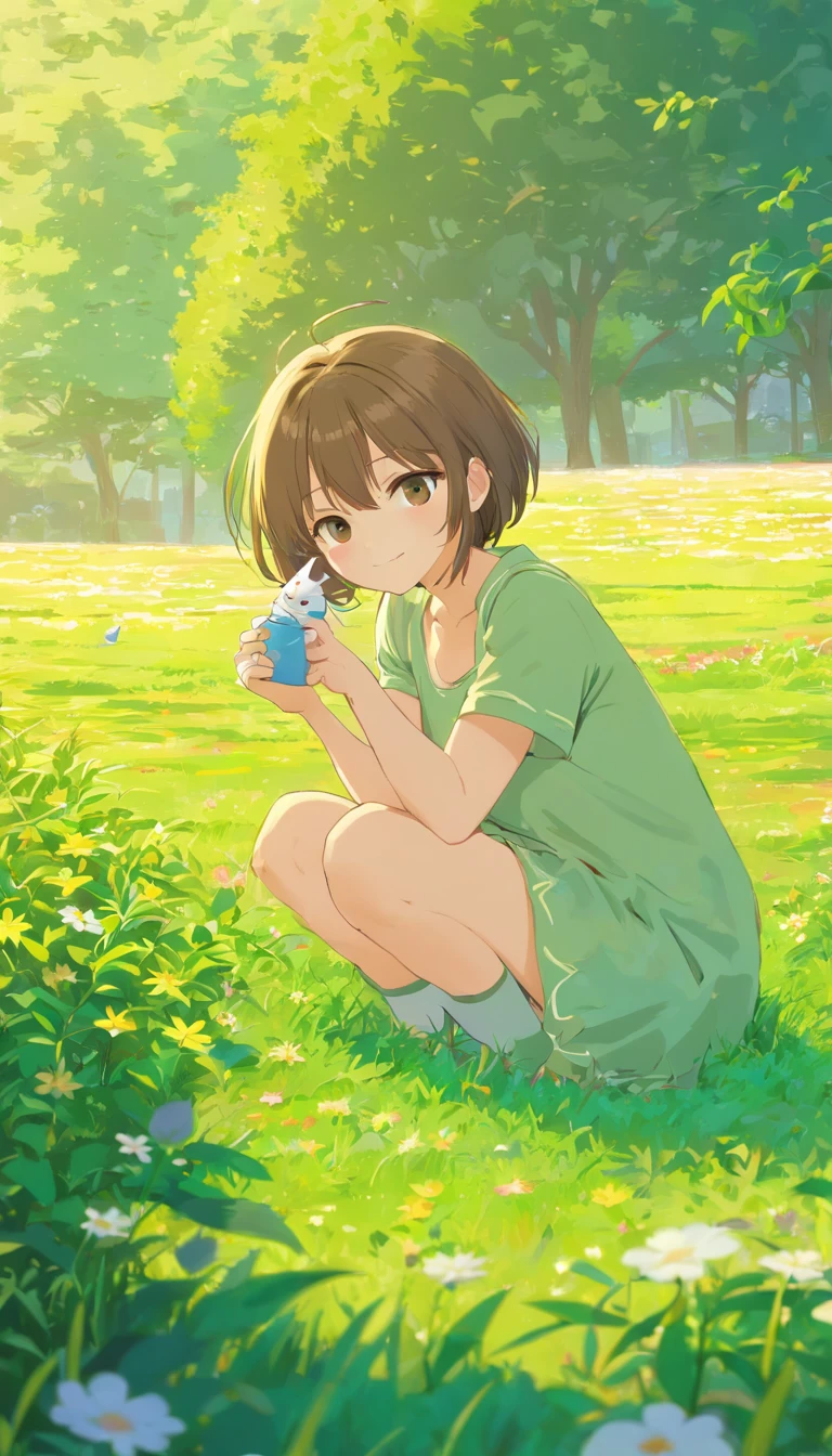 (best quality,Alto:1.2),fotorrealista,anime,princesa,garota,pelada,pequeno,bonitinho,cartoon dog,(Girl bent down holding a small injured bird)nas maosRio Claro,floresta,luz solar,contato visual,nude