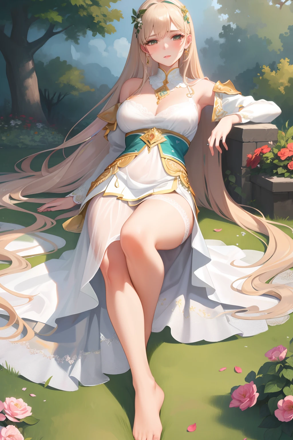 (best quality,ultra-detailed), feminine, relaxing, beautiful detailed eyes, beautiful detailed lips, long flowing hair, flawless skin, showing feet, elegant pose, soft lighting, comfortable, peaceful garden setting, vibrant greenery, colorful flowers, gentle breeze, serene atmosphere, tranquil ambiance, blissful expression, subtle make-up, stylish outfit, harmonious colors, lifelike painting, realistic textures, delicate brushstrokes, masterful composition, timeless beauty.