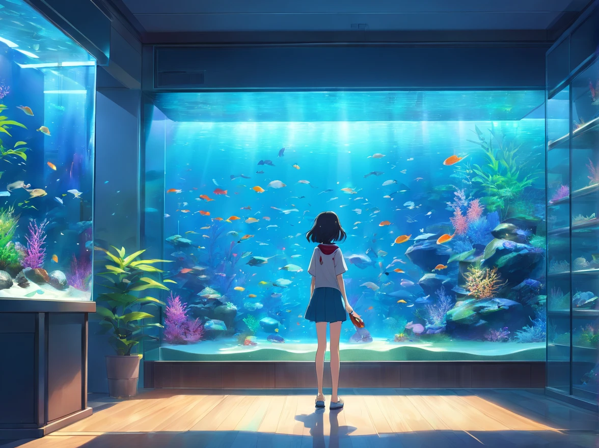 Beautiful aquarium with fish swimming in a huge glass aquarium,
Fantastic aquarium with twinkling lights,Dynamic and beautiful shading,
A breathtakingly beautiful sight,Beautiful little girl staring at fish in front of aquarium、Rear view of the girl,
(Best Quality:0.8),(top-quality:0.8),masutepiece, perfect anime illustration