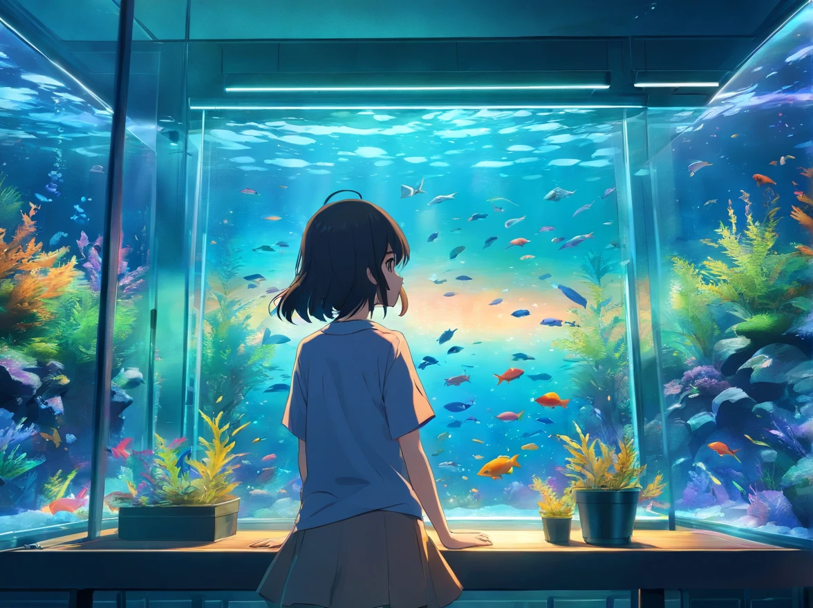 植物と植物のある水槽で魚を見ているアニメの女の子 - SeaArt AI