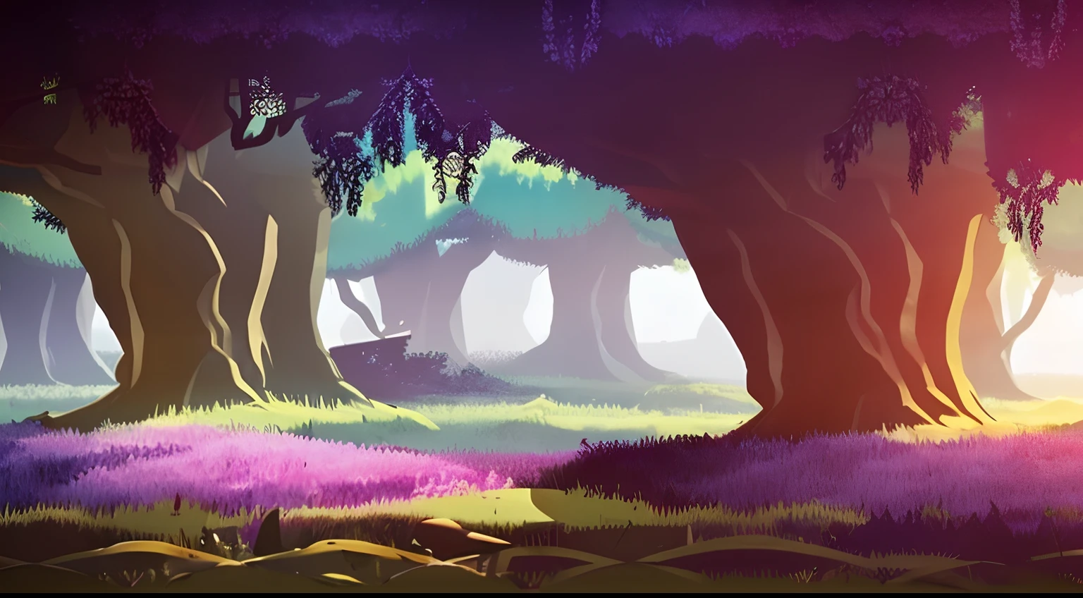 There is a horizontal platform of a mystical forest in a concept art for a 2D game, arte conceitual, paisagem horizonal, jogo de plataforma 2d, Plataformas :1.2, (obra prima),(melhor qualidade), 8k, dynamic light, dynamic shadows, Videogame