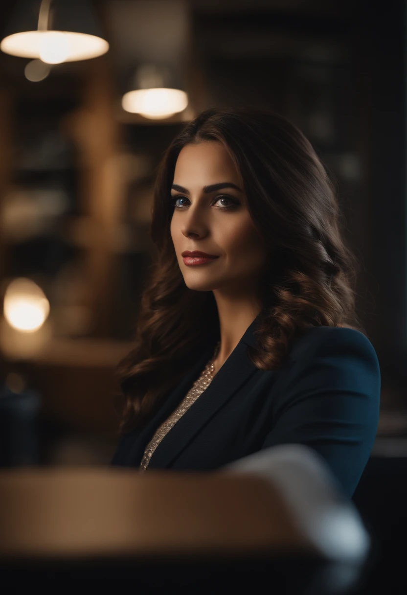 profesional, (Foto 4k:1.1), alto detalle, ropa de negocios negro, Hermosa cara detallada, Ojos color avellana, cabello rizado, Forma del cuerpo, en la oficina, Windows