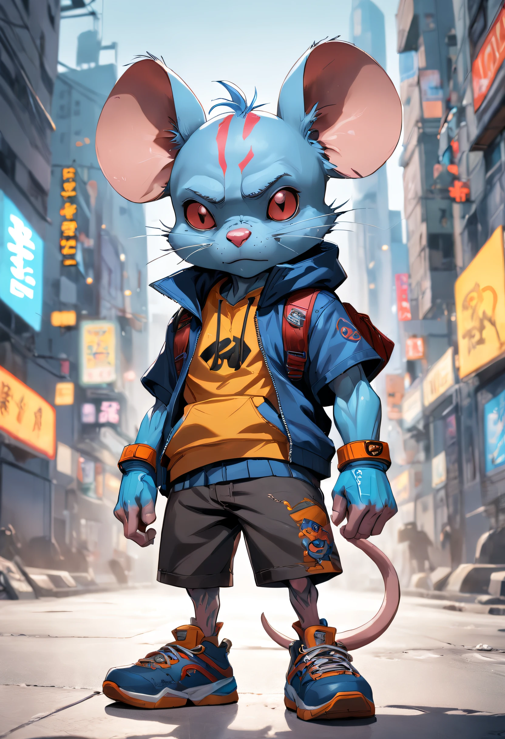 ((foto crua)), ((obra-prima)), Anthropomorphic humanoid rat wearing streetwear clothes, andando furiosamente entre as pessoas, detalhe intrincado, intricate Greebles pieces, city behind, corpo musculoso, muscular arms, small head, Ogro monstruoso, Titan soft lighting, Hiper realista