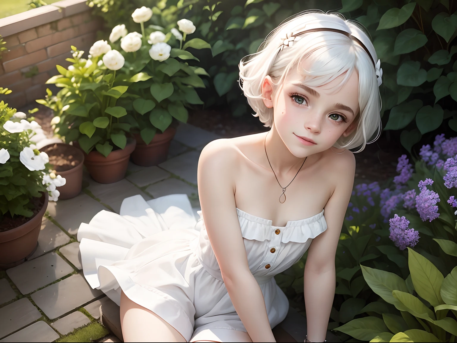 ten Emma Watson wearing a white strapless playsuit in the garden, small bust, small chest, cute smile, white hair accessories, white bracelet. white hair, Stroking a white cat