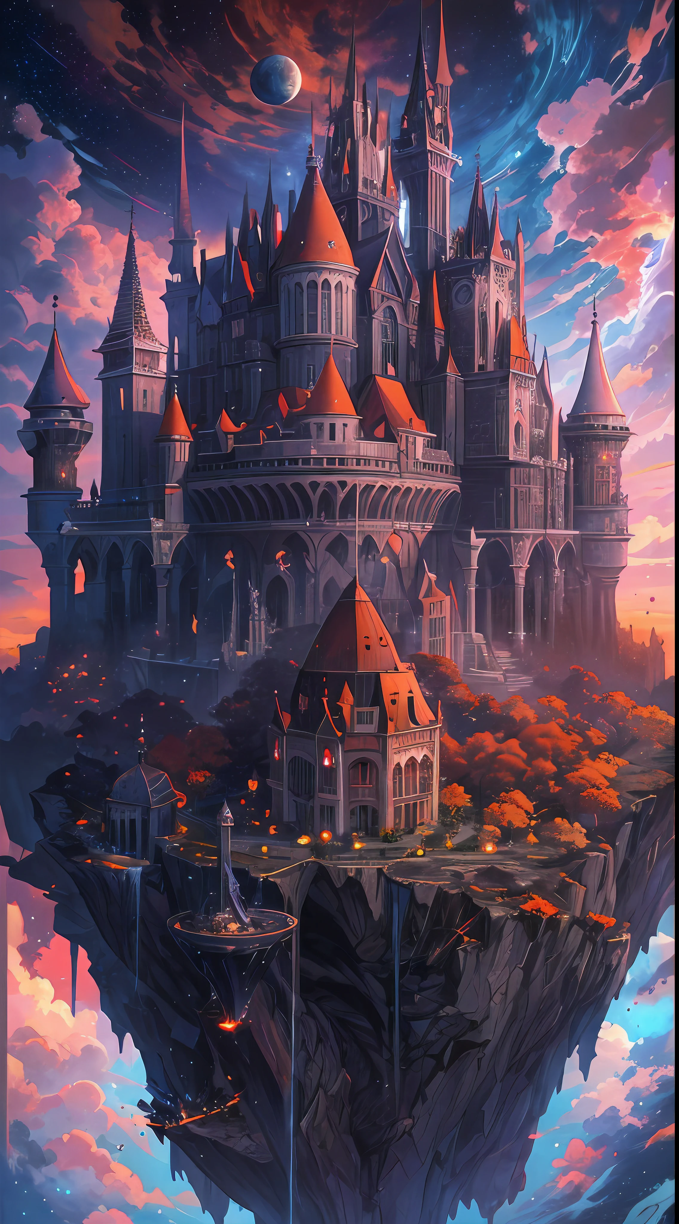 A futuristic dark castle built atop a massive floating asteroid, surrounded by a nebula filled with vibrant colors, cosmic clouds, and celestial bodies, giving it an otherworldly appearance, the castle's architecture merges advanced technology with gothic elements, creating a unique and captivating scene, Artwork, digitally painted with rich colors and intricate details