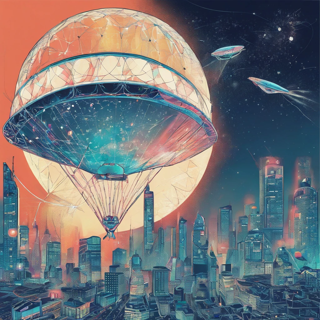 Japanese ice kite flies over a big city at night, Bild hat Blaustich