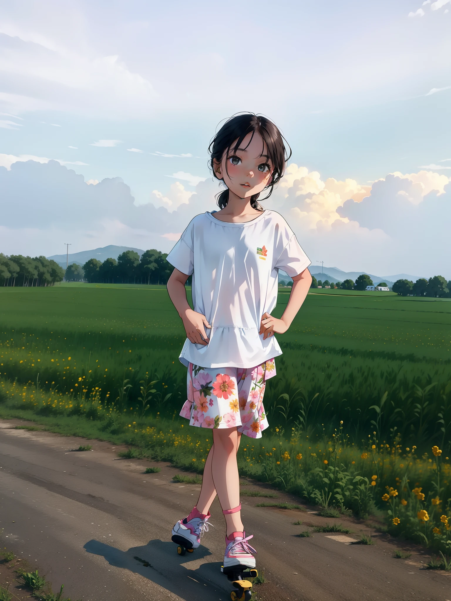 there is a young girl standing on a skateboard on a road, standing in flower field, girl standing in flower field, standing in a flower field, girl standing, girl standing in a flower field, nivanh chanthara, ayan nag, little kid, standing in a field, full body picture, with sunset, standing in a grassy field, standing in grassy field