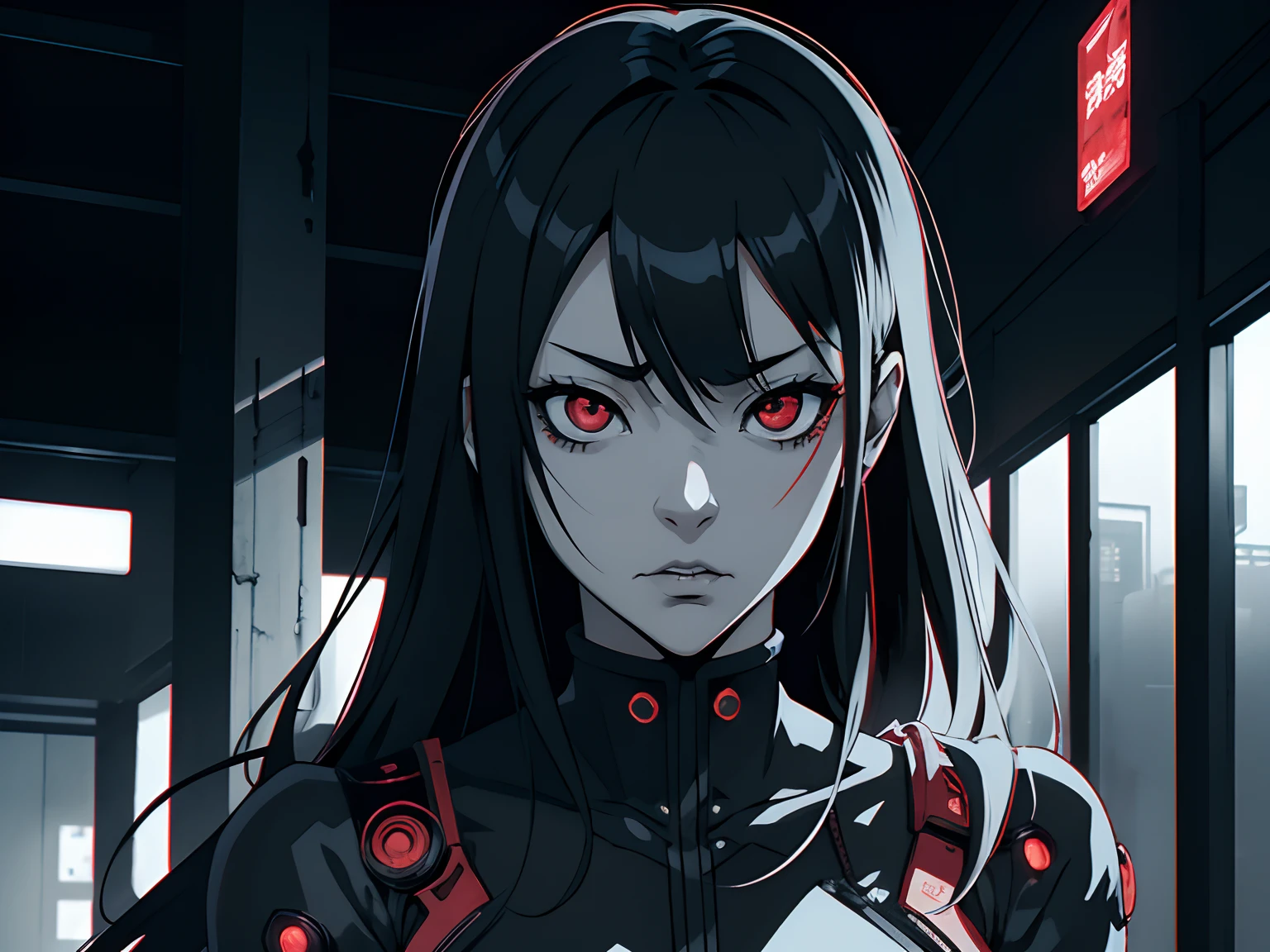 Mysterious Japanese confused woman thinking about a cyberpunk scenario of terror and fear, 2D, Tema 2D, cena preta e branca, manga, anime manga, Black and white manga theme with red effects, Gothic Horror Dinner, futuristic cyberpunk setting, cena preta e branca, efeitos vermelhos, cores mortas, good composition, 4k