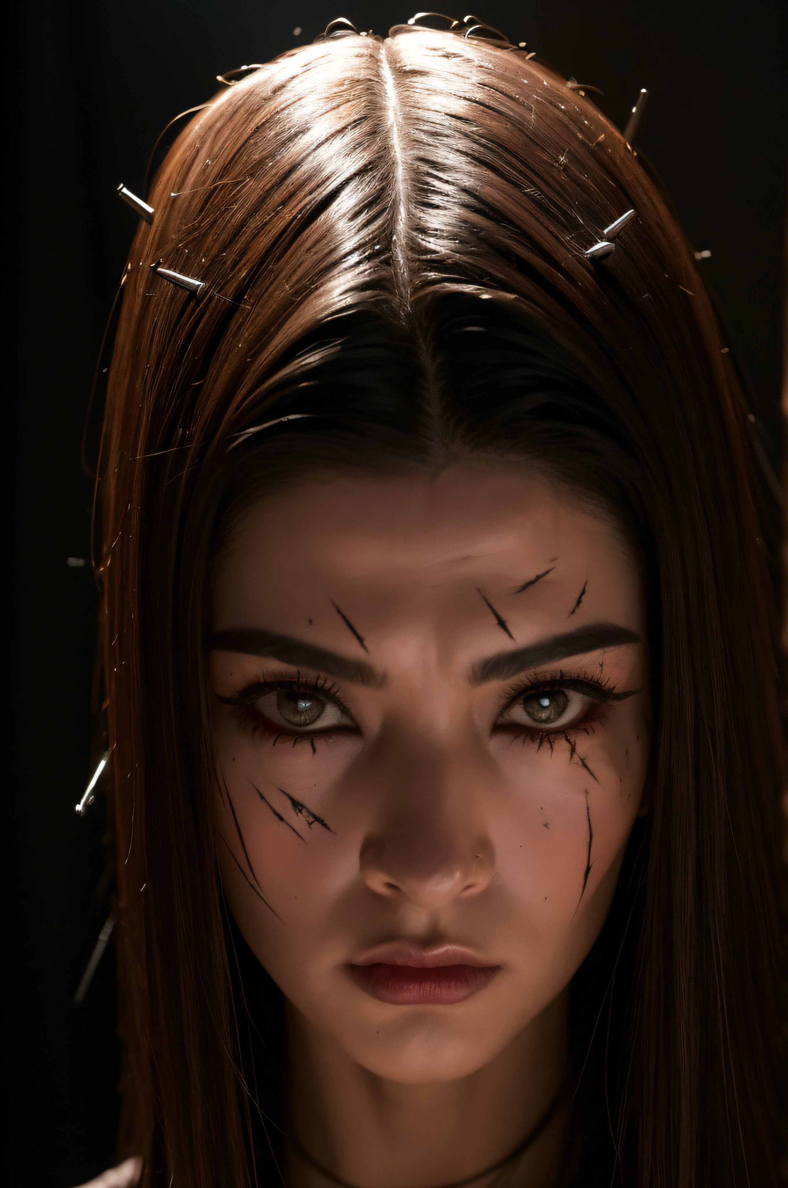 "(The best lighting, oscuro, dramatic),(mujer,  predator, hellraiser, sad, scars, brain, blood, a rat inside the head, horror mask.),(ojos rojos, calaveras). morning light.