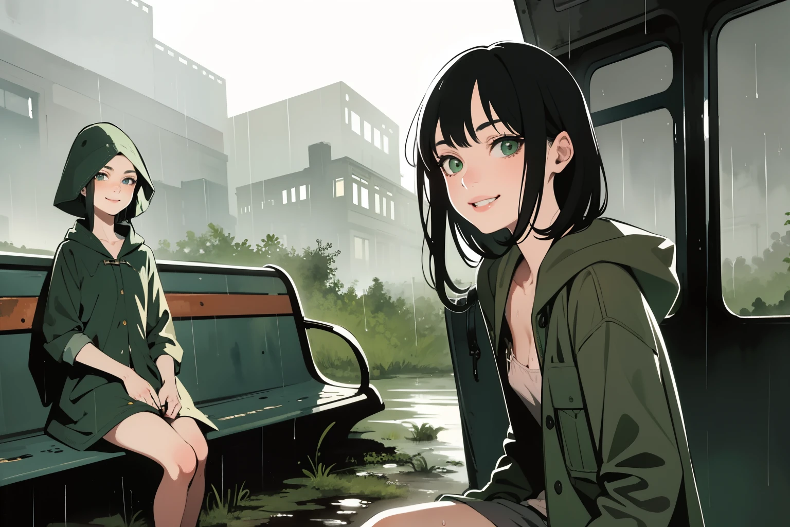 masterpiece, best quality, 2girls, (closeup), 18yo , slim, small breast, naked breast, nipple, open green raincoat, goggles on head, sitting, in abandoned train, hugging, lode, smile, heavy rain, downpour, flood, wasteland, grey, desolate, rain, dark, watercolor