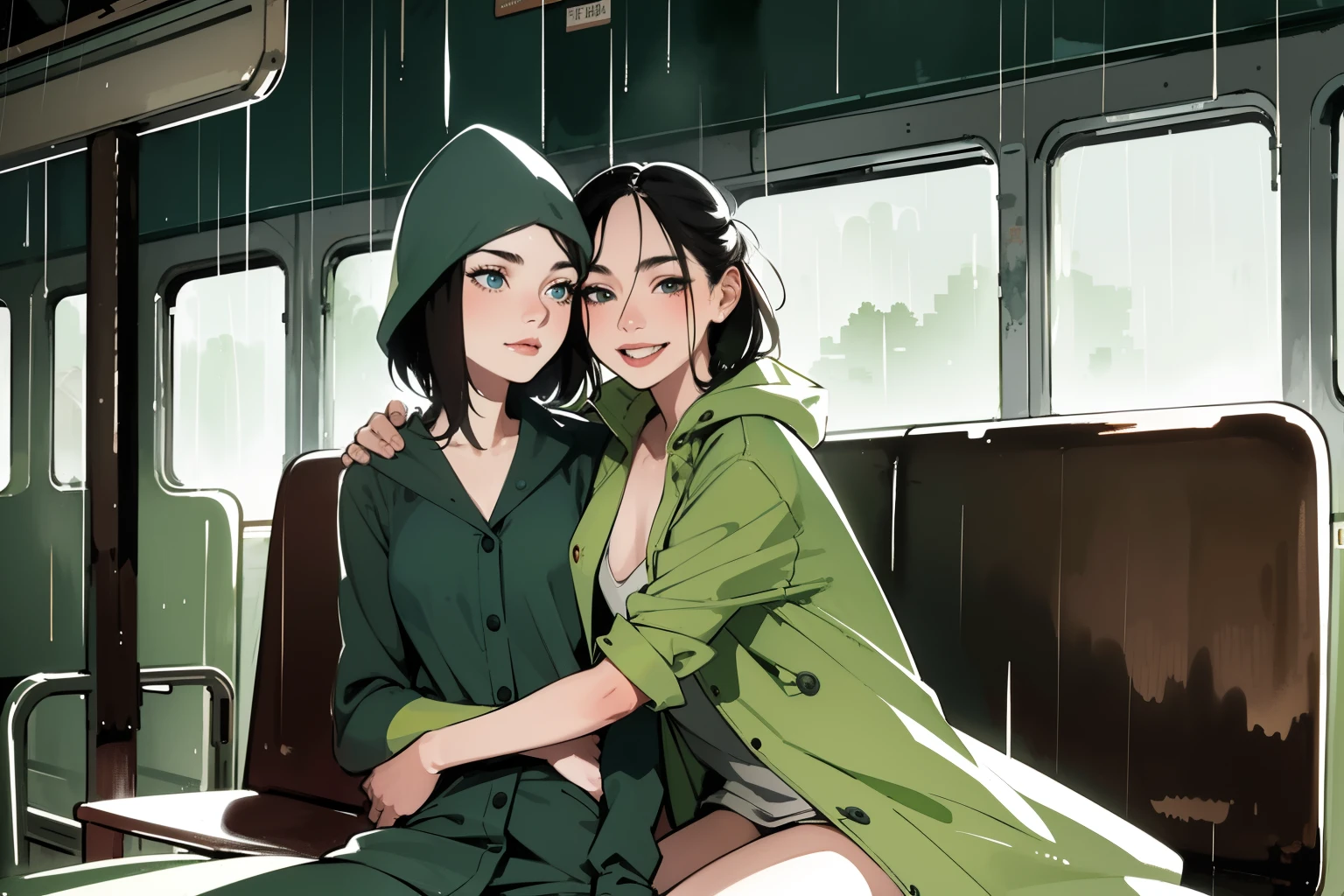 masterpiece, best quality, 2girls, (closeup), 18yo teen, slim, small breast, naked breast, nipple, open green raincoat, goggles on head, sitting, in abandoned train, hugging, lode, smile, heavy rain, downpour, flood, wasteland, grey, desolate, rain, dark, watercolor