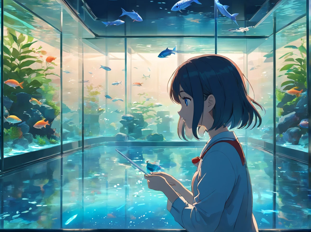 Beautiful aquarium with fish swimming in a huge glass aquarium,
Fantastic aquarium with twinkling lights,Dynamic and beautiful shading,
A breathtakingly beautiful sight,Beautiful girl staring at fish in front of aquarium、
(Best Quality:0.8),(top-quality:0.8),masutepiece, perfect anime illustration