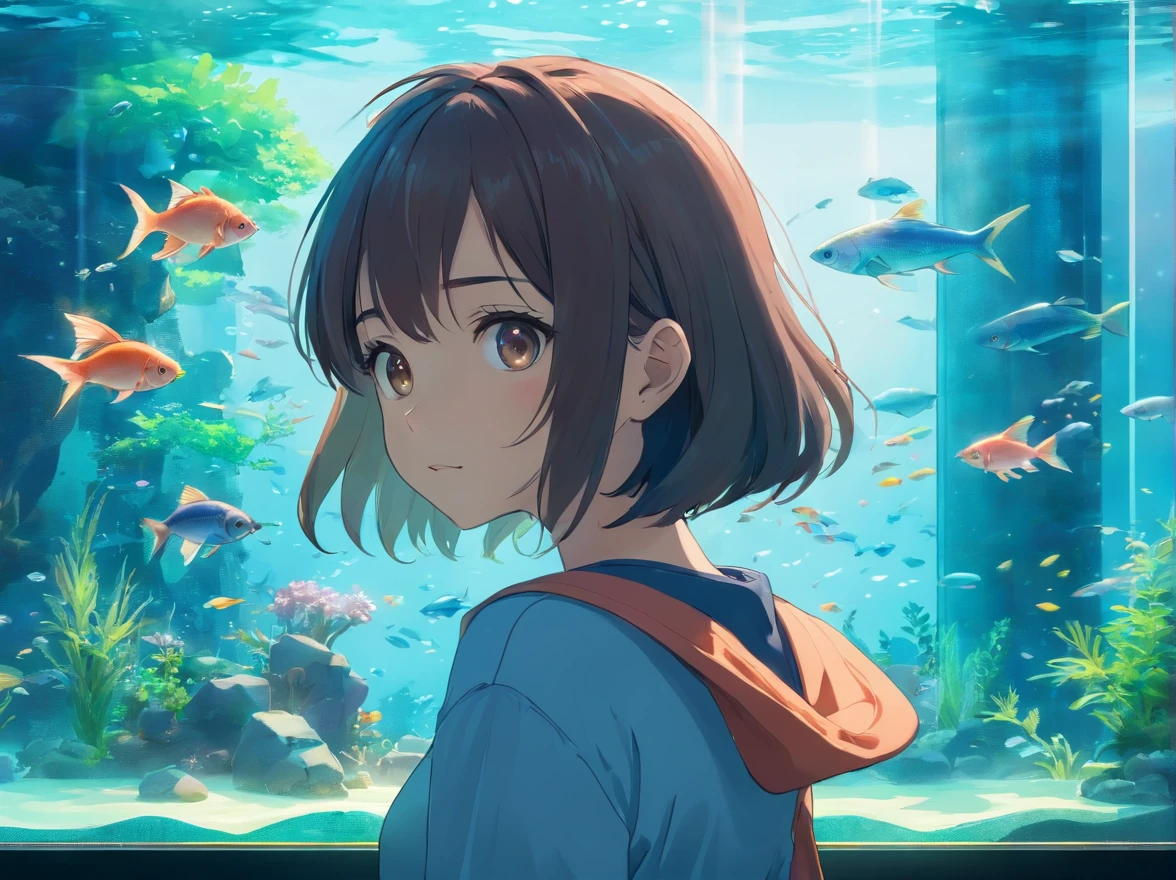 Beautiful aquarium with fish swimming in a huge glass aquarium,
Fantastic aquarium with twinkling lights,Dynamic and beautiful shading,
A breathtakingly beautiful sight,Beautiful little girl staring at fish in front of aquarium、
(Best Quality:0.8),(top-quality:0.8),masutepiece, perfect anime illustration