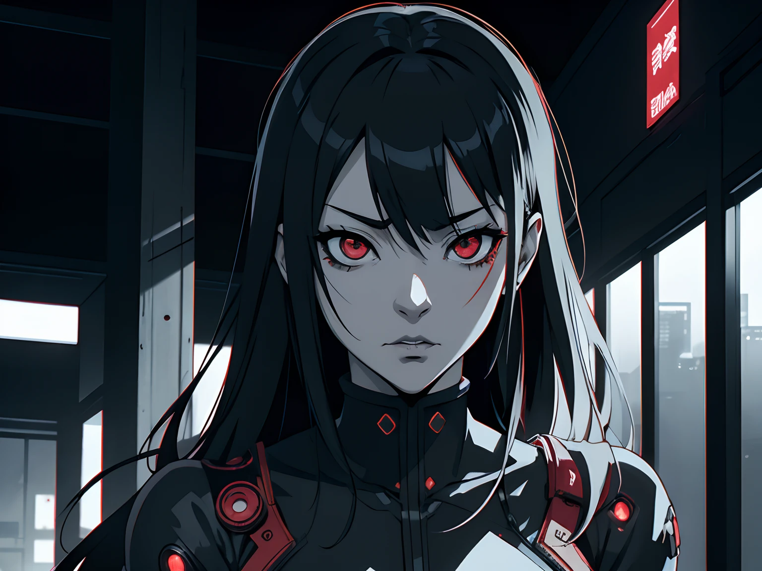 Realistic、1girl、(black hair red hair gradient hair:1.3)、(twintails),red eyes、(glowing eyes:1.3)、(leaning forward)、open stance,(breast hold)、(middle hair),(breast focus:1.3,upper body),(enamel body suit:1.3
)、(clear face:1.3),cute face、,(tareme:1.3),(huge breasts),(dark color background:1.5)
