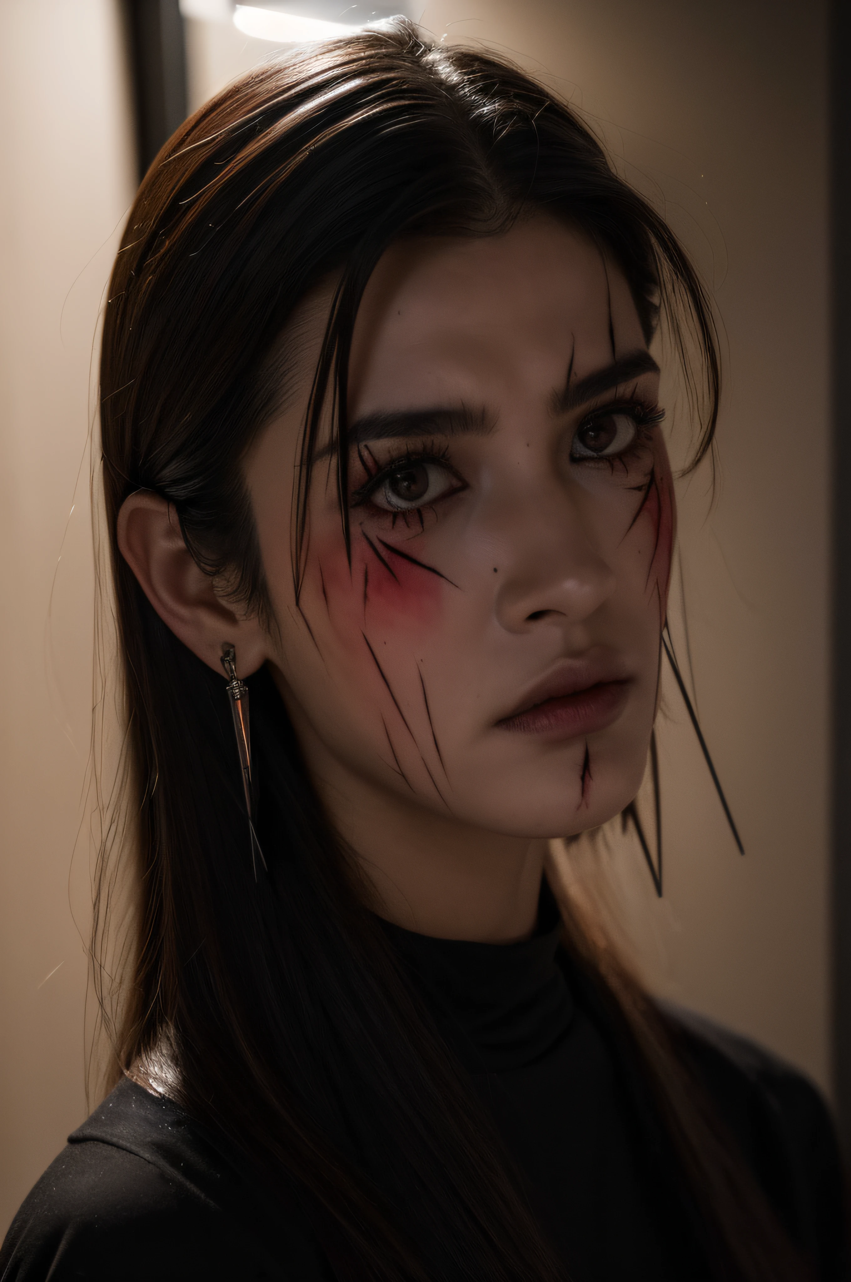 "(The best lighting, oscuro, dramatic),(mujer, predator, hellraiser, sad, scars, brain, blood, a rat inside the head, horror mask.),(ojos rojos, calaveras). morning light.