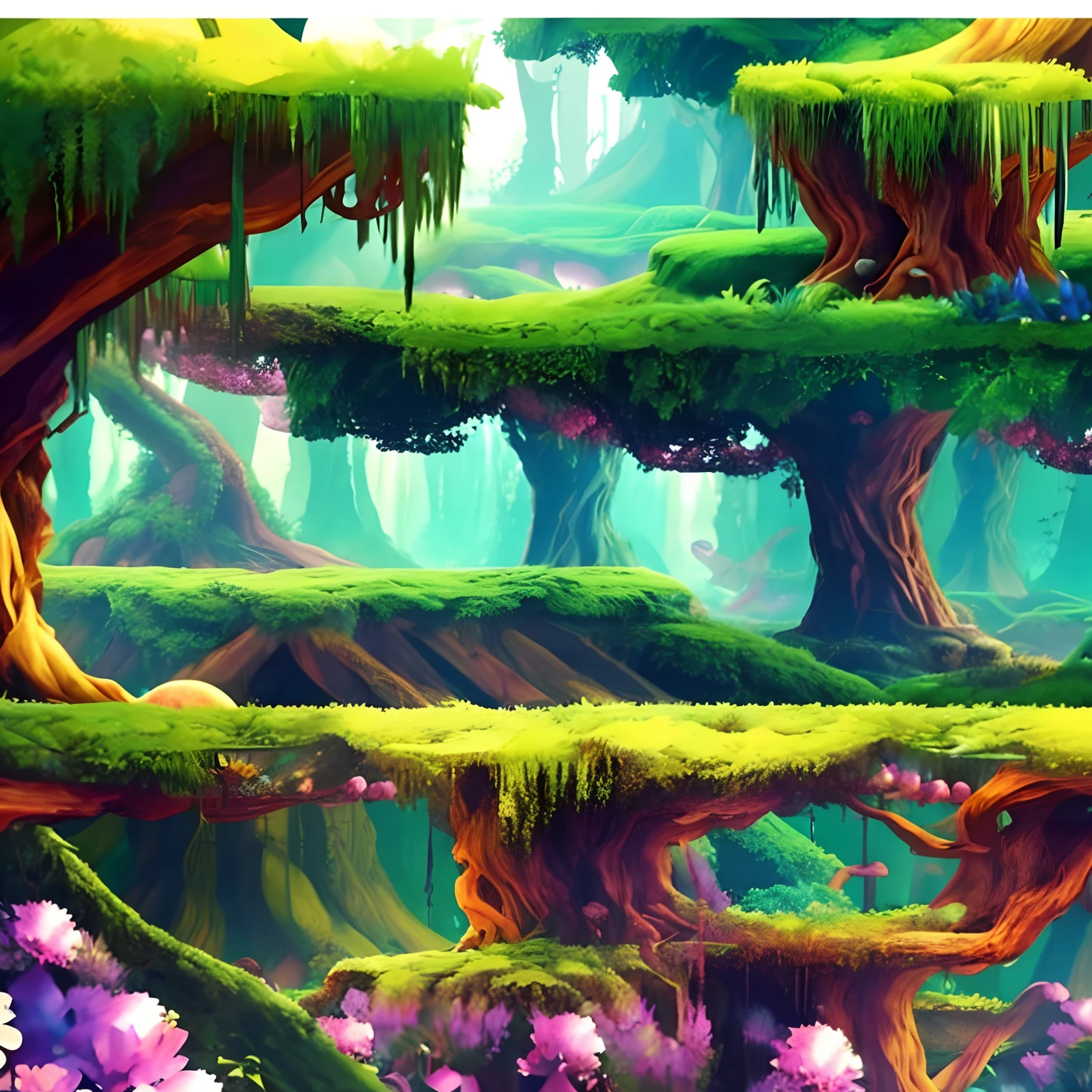 There is a horizontal platform of a mystical forest in a concept art for a 2D game, arte conceitual, paisagem horizonal, jogo de plataforma 2d, Plataformas :1.2, (obra prima),(melhor qualidade), 8k, dynamic light, dynamic shadows, Videogame