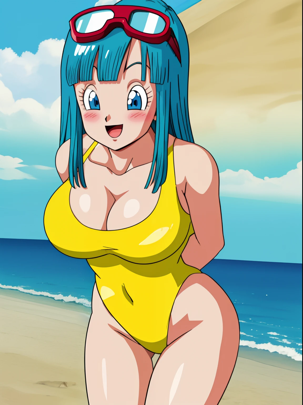 best quality,masterpiece,maron, beach, ocean, ((yellow one-piece swimsuit)), blue eyes, aqua hair, goggles on head, smile, happy, blush, blunt bangs, long hair cleavage,arms behind back, contrapposto,leaning forward,huge breasts,1girl, solo, Wide hips,