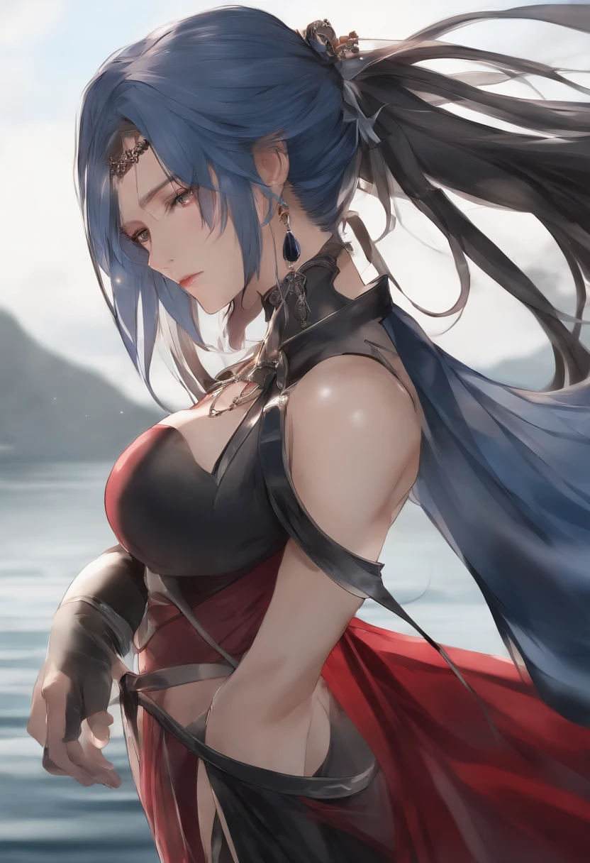 liquid thong, male focus, gloves, 1boy, solo, long hair, blue hair, earrings, jewelry, simple background, black gloves, water, ponytail, low ponytail, grey background, extremely handsome male, (naked body), wearing micro black tiny g-string, mage long red robes, single earring, bangs, liquid hair, sky print,