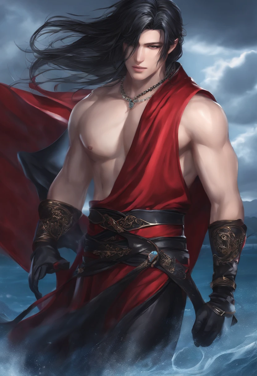 liquid thong, male focus, gloves, 1boy, solo, long hair, blue hair, earrings, jewelry, simple background, black gloves, water, ponytail, low ponytail, grey background, extremely handsome male, (naked body), wearing micro black tiny g-string, mage long red robes, single earring, bangs, liquid hair, sky print,