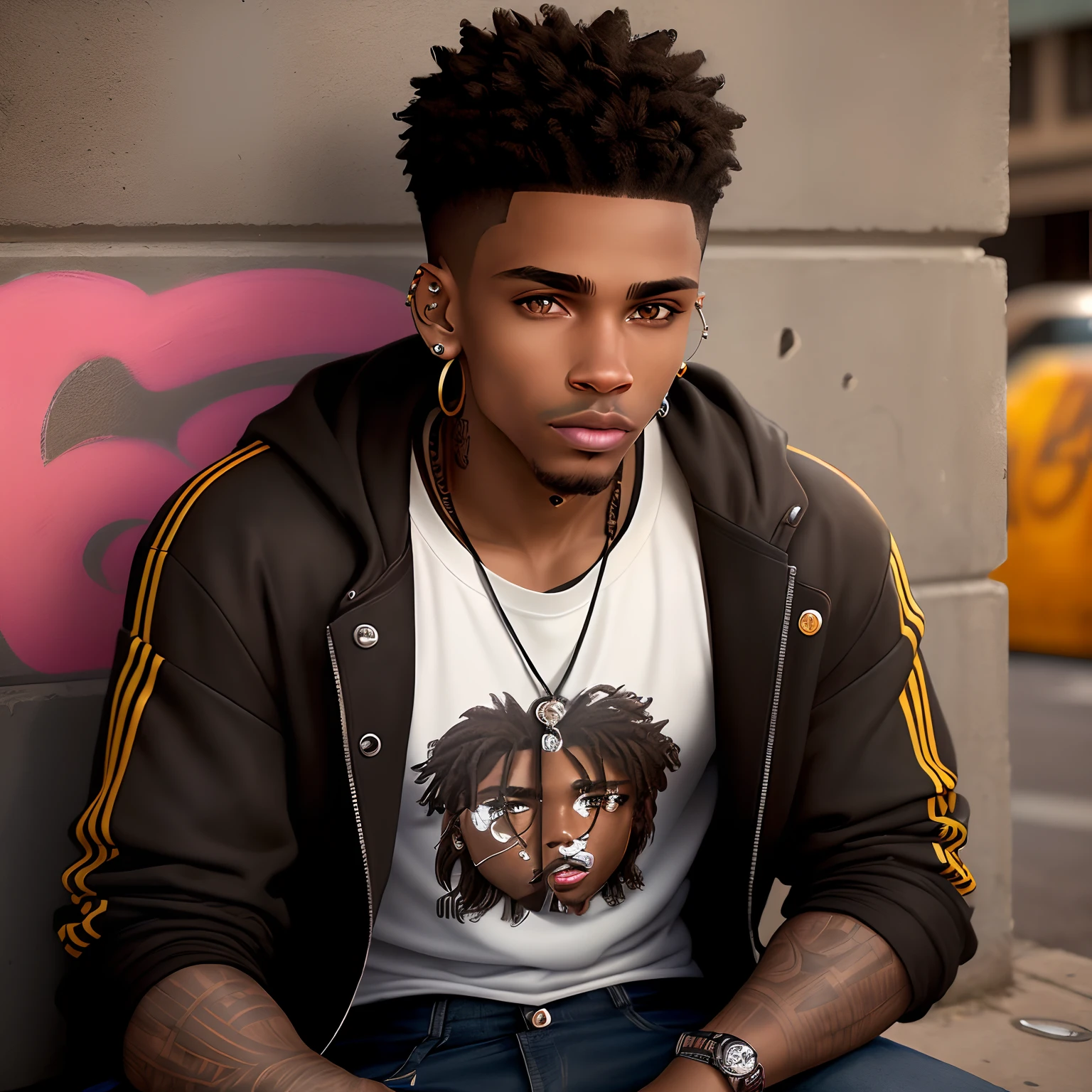 (a black guy, fit body, beautiful light-brown hair, with earrings and piercings, sitting on the street next to a shop wall)
(best quality, realistic:1.37), urban portrait, street fashion, vibrant colors, strong contrast lighting, striking appearance, casual pose, captivating expression, confident gaze, stylish urban backdrop, graffiti art, modern street culture
