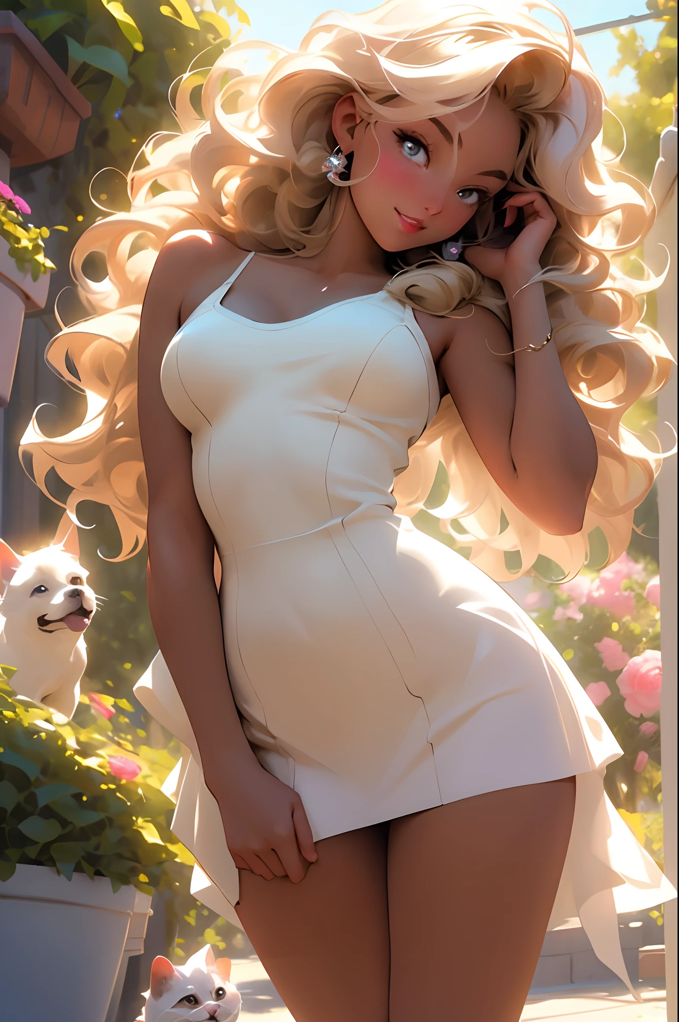melancholy lighting, quiet, calm, brightness, masterpiece, best quality, 1girl, (JinxLol:1.2), (ultra photorealistic:1.3), (MASTERPIECE:1.4), best quality, ((realistic)), high quality, ultra detailed, ((Real image)), ((realistic skin)), ((realistic face)),(illustration:1.05), (beautiful:1.05), (beautiful detailed eyes:1.05), (cinematic light:1.1), Full body, precise proportions, 18-year-old girl, curvy model going shopping, standing next to cute white dog in a parc showing her BIG ROUND ASS, hair BLOND fluttering in the wind, tulle, long legs, feet slightly open, buttocks, blush, shyness, collarbone, abdominals, double weave, beautiful and delicate face, fair skin, real skin, (face detail), pores, super high resolution, 8k, parameters Best quality, masterpiece, super high resolution, (Realistic 2.0), More details, detailed skin, beautiful dress showing curves, wide smile, white teeth, curly hair BLOND voluminous, PERFECT WELL DESIGNED EVEN eyes, girlfriend, beautiful, beautiful, flowers, studio lighting.