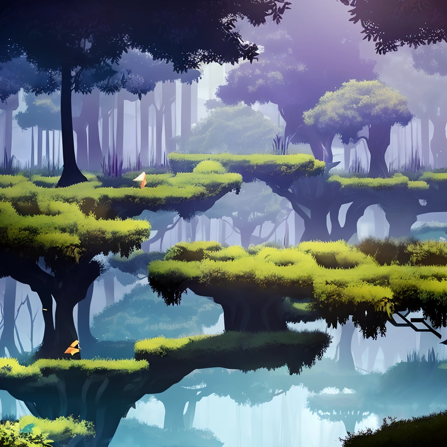 There is a horizontal platform of a mystical forest in a concept art for a 2D game, arte conceitual, paisagem horizonal, jogo de plataforma 2d, Plataformas :1.2, (obra prima),(melhor qualidade), 8k, dynamic light, dynamic shadows, Videogame(((ultra realista)))