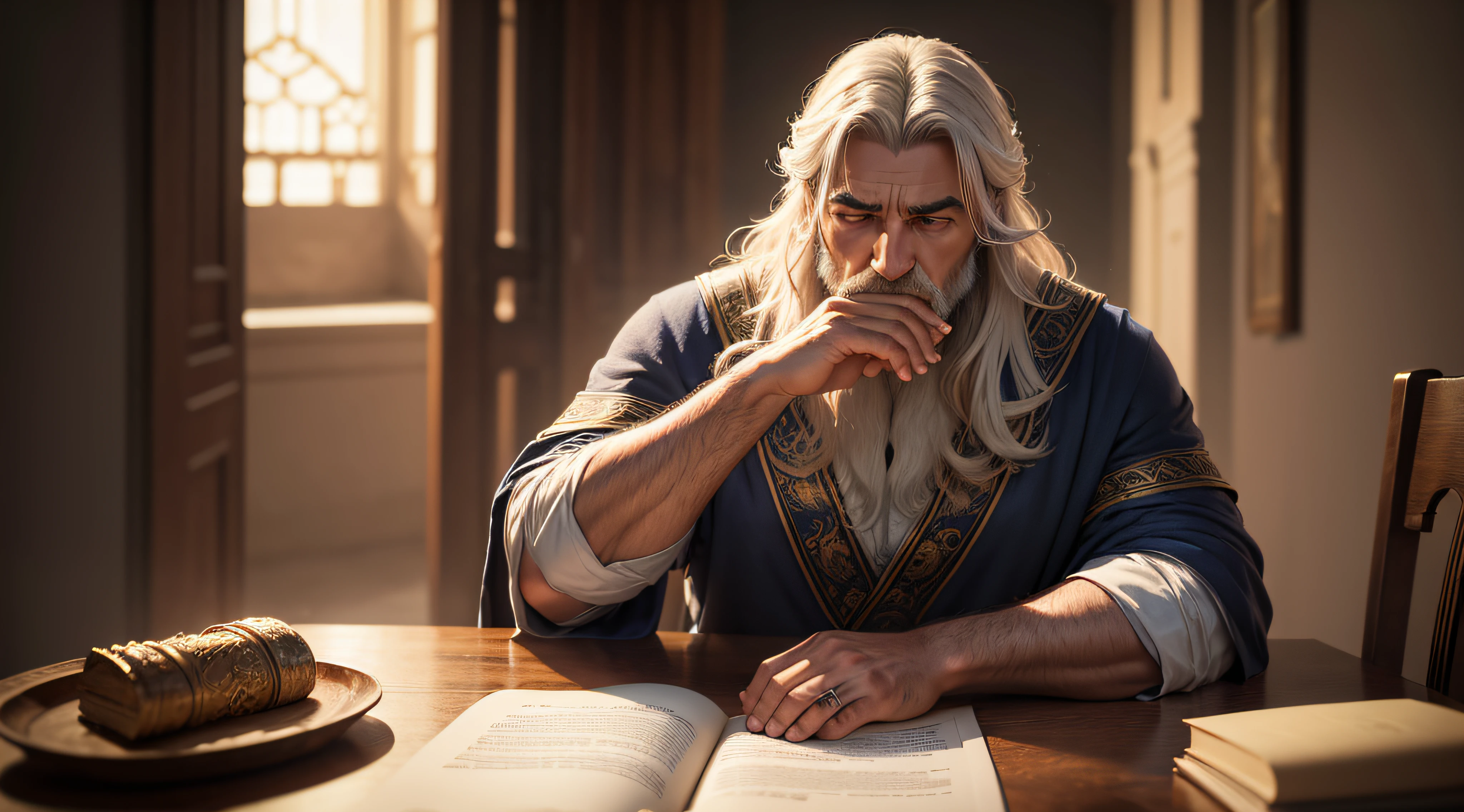 Homem sentado em uma mesa com um pergaminho e uma caneta, cabelos e barbas grisalhos, sua mente contemplando a eternidade, King Solomon portrait