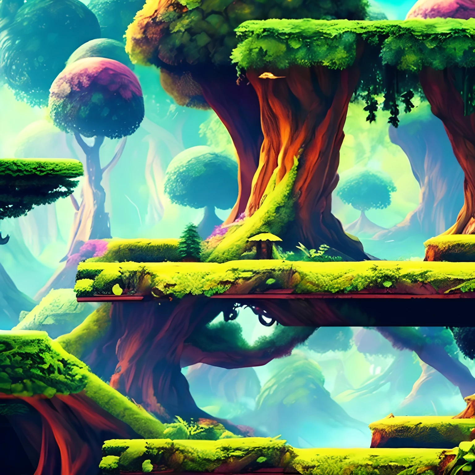 There is a horizontal platform of a mystical forest in a concept art for a 2D game, arte conceitual, paisagem horizonal, jogo de plataforma 2d, Plataformas :1.2, (obra prima),(melhor qualidade), 8k, dynamic light, dynamic shadows, Videogame