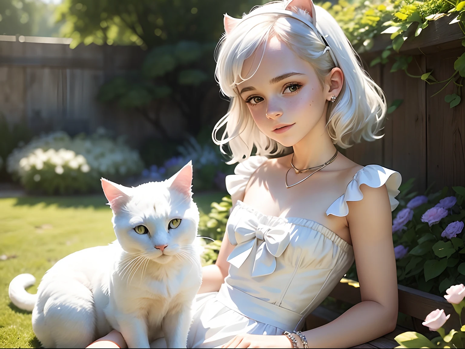 tween Emma Watson wearing a white strapless playsuit in the garden holding a white cat, small bust, small chest, cute smile, white hair accessories, white bracelet. white hair.