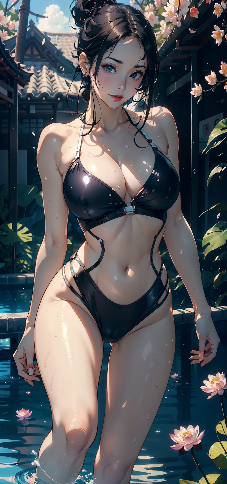 1female,35yo,plumw,extremely large bosom,Big breasts Thin waist,Long legs, 独奏,(Background with:Cherry blossom forest,lotus flower,Swimming pool),legs are open,Bare genitalia,Bare , She has short black hair,Stand on a lotus leaf,seen from the front, single hair bun, mostly cloudy sky,(((tmasterpiece),(Very detailed CG unity 8K wallpaper),best qualtiy,cinmatic lighting,detailed back ground,beatiful detailed eyes,Bright pupils,Black eyes,Snow-whiteskin,Redlip(Very fine and beautiful),(Beautiful and detailed eye description),ultra - detailed,tmasterpiece,))facing at camera,A high resolution,ultra - detailed),revealing breasts,Bare genitalia, Bulge,legs are open,Raised sexy,Camel toes,Flushed complexion,Desire for dissatisfaction,frontage,Swimmer,swim wears,Iron Man uniform