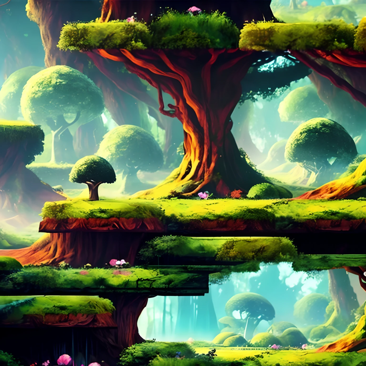 There is a horizontal platform of a mystical forest in a concept art for a 2D game, arte conceitual, paisagem horizonal, jogo de plataforma 2d, Plataformas :1.2, (obra prima),(melhor qualidade), 8k, dynamic light, dynamic shadows, Videogame