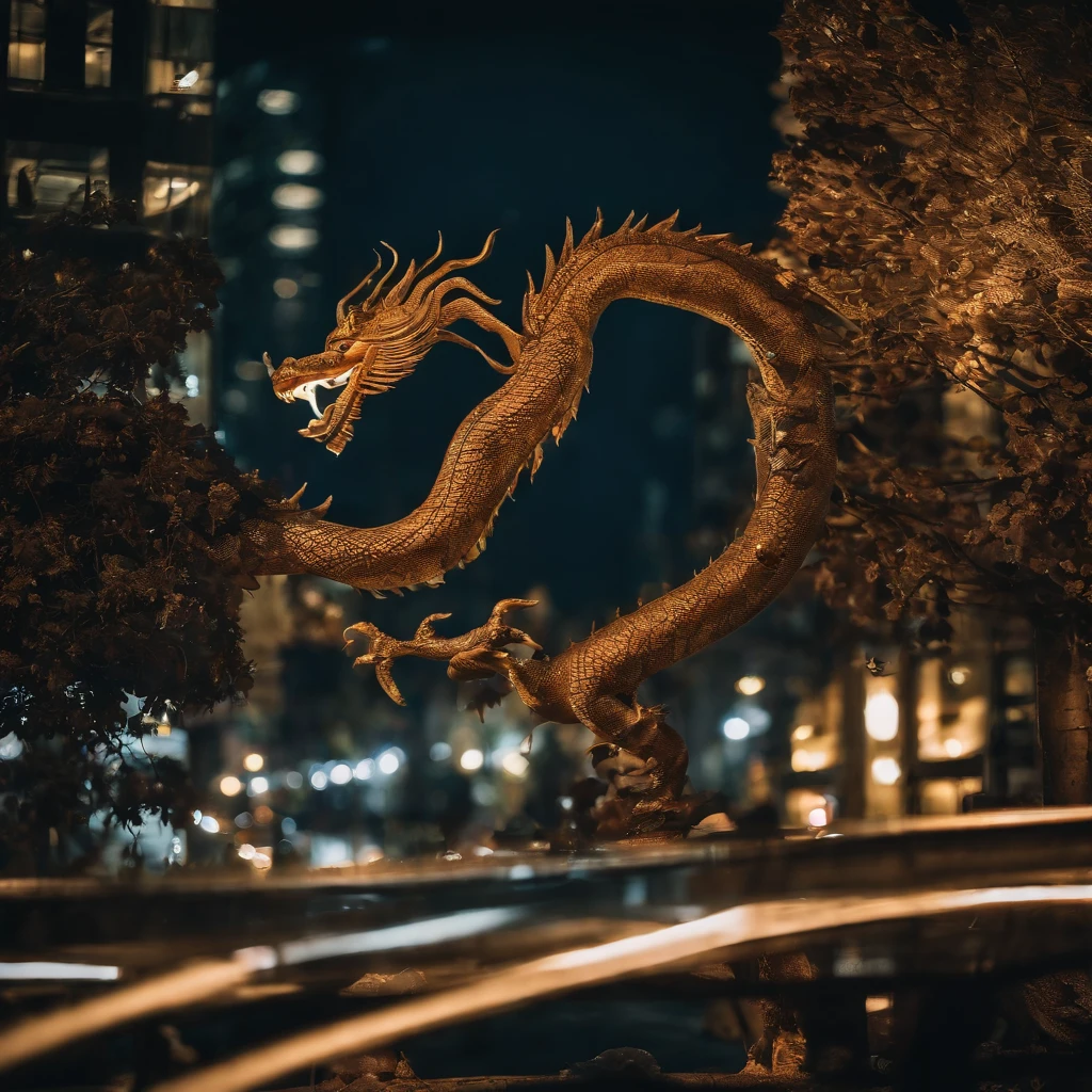 Chinese dragon flies over a big city at night, Bild hat Blaustich