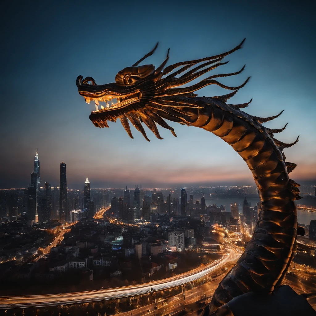 Chinese dragon flies over a big city at night, Bild hat Blaustich