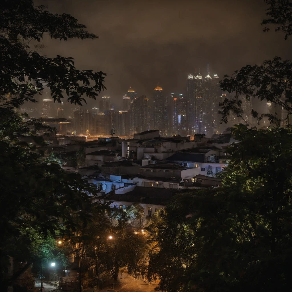Chinese dragon flies over a big city at night, Bild hat Blaustich