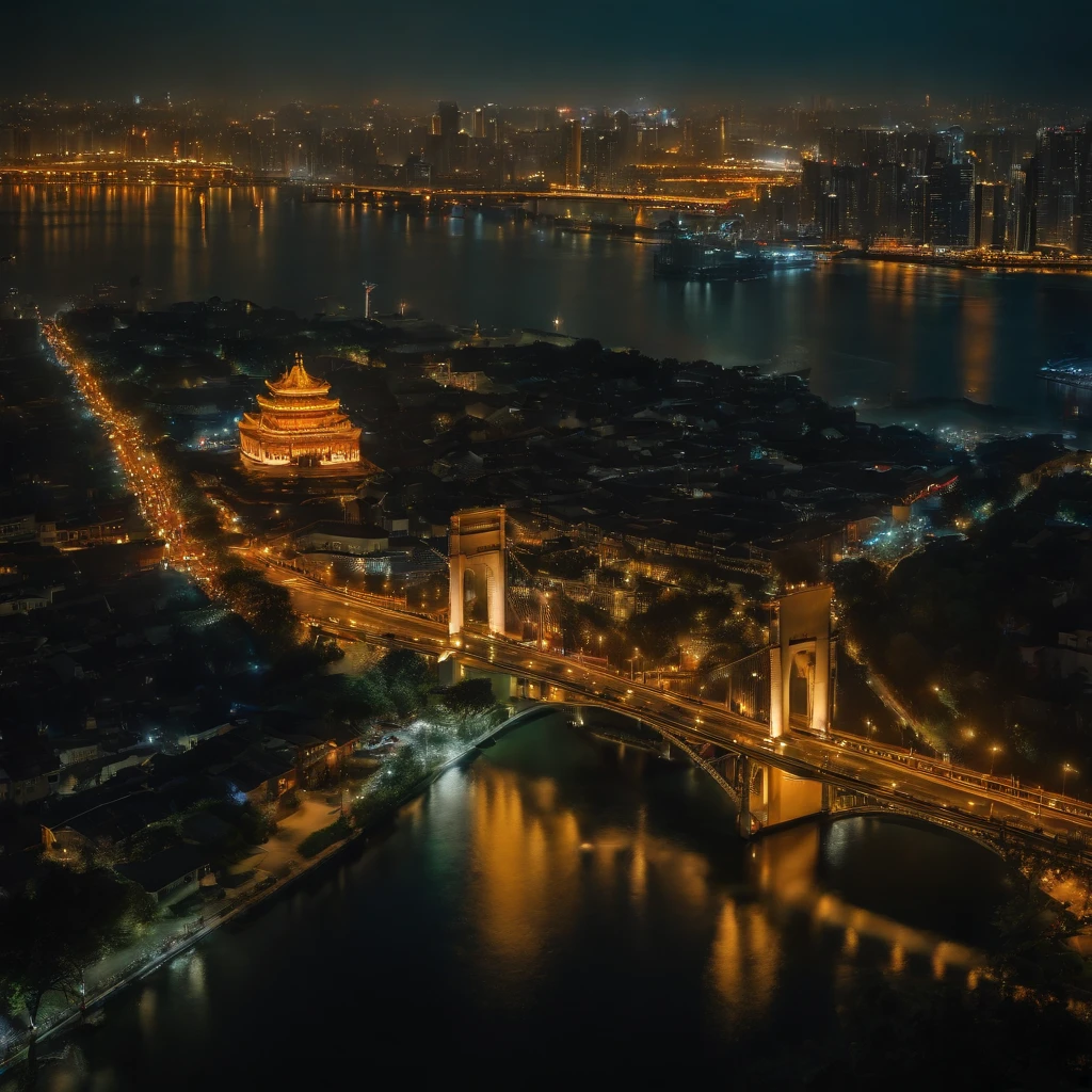 Chinese dragon flies over a big city at night, Bild hat Blaustich