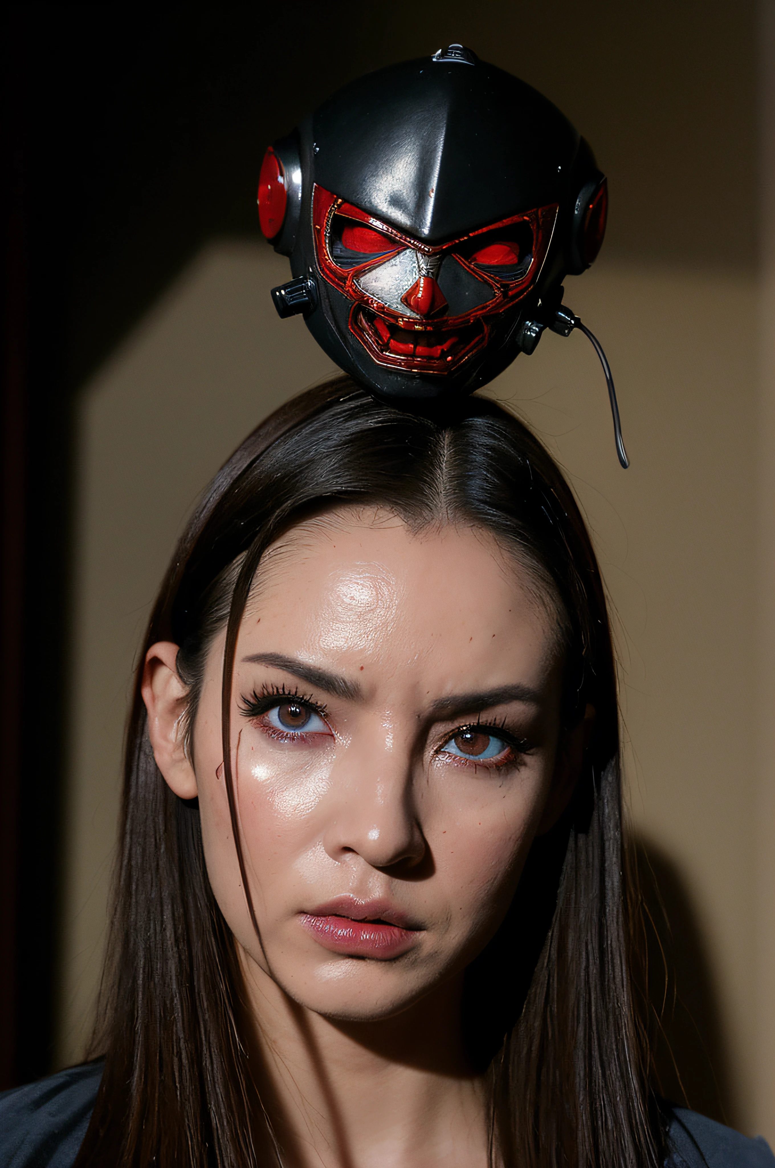 a girl, j1gs4w face, mask<lora:j1gs4w:1>, white dress, flirting with camera, sexy pose, upper body, blood on face