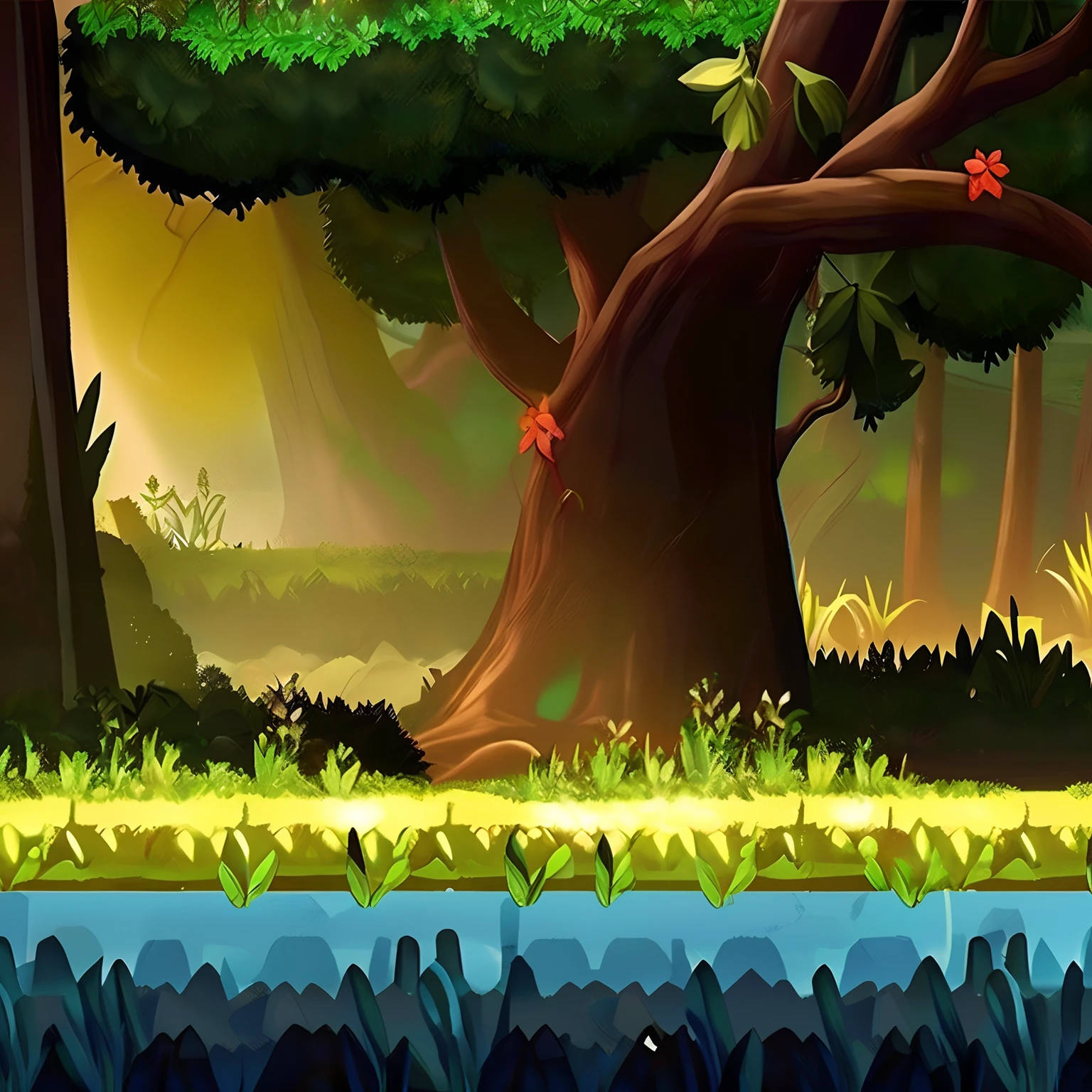 There is a horizontal platform of a mystical forest in a concept art for a 2D game, arte conceitual, paisagem horizonal, jogo de plataforma 2d, Plataformas :1.2, (obra prima),(melhor qualidade), 8k, dynamic light, dynamic shadows, Videogame