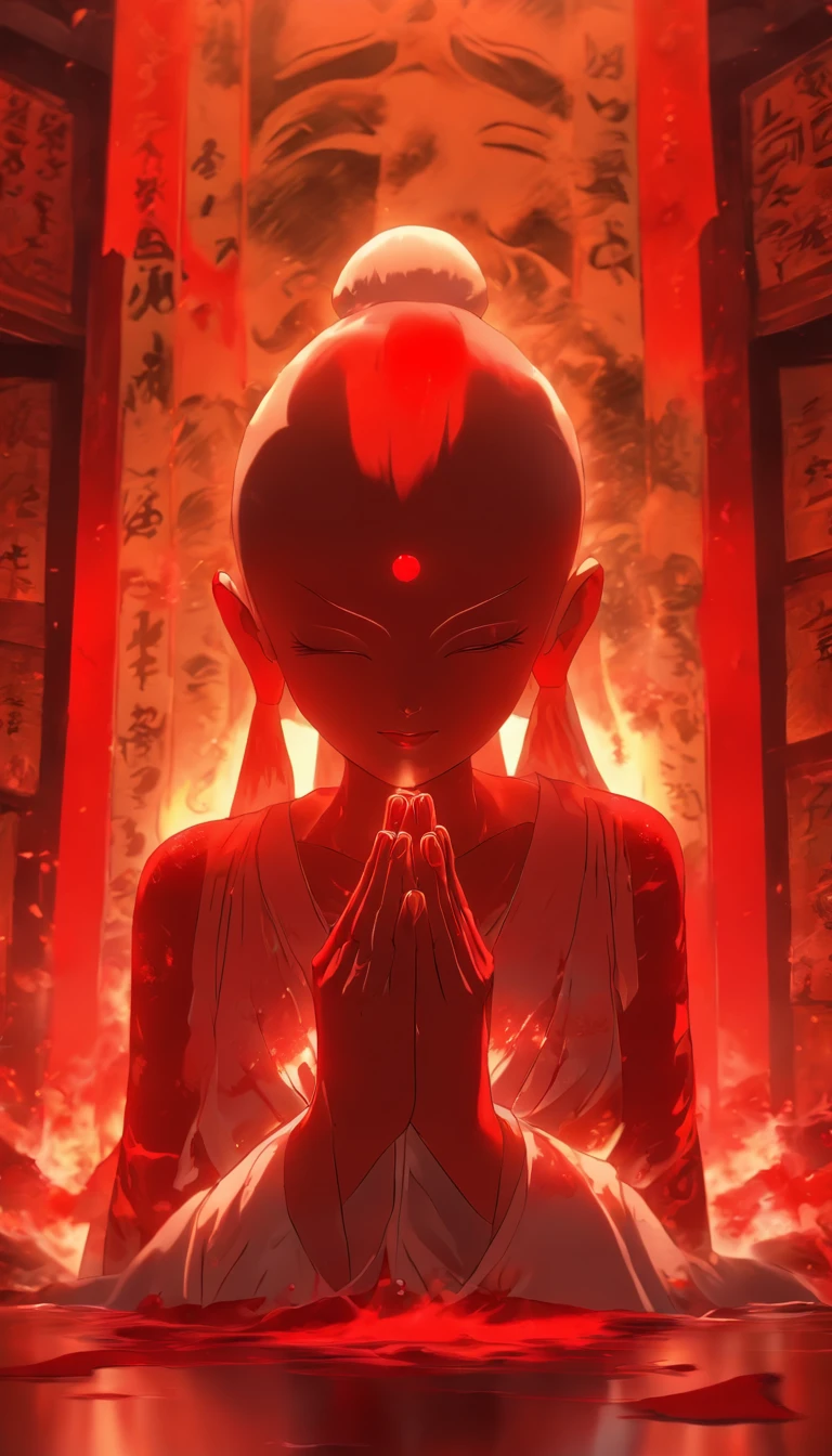 Blood red room, Flashing white TV screen, BUDDHA STATUE, Cover one eye and face, Bright red eyes, Wearing a white transparent robe, Looming full breasts,liquor,Devil, reaching out her hands,Straighten your body, Red nails are exposed, Pinch the camera, hyper HD, Anatomically correct, Textured skin, Super detail, High details, High quality, A high resolution, 8K, hyper HD, Anatomically correct, Textured skin, Super detail, High details, High quality, Best quality, 8K,Leishnampo,Room 2,Horror