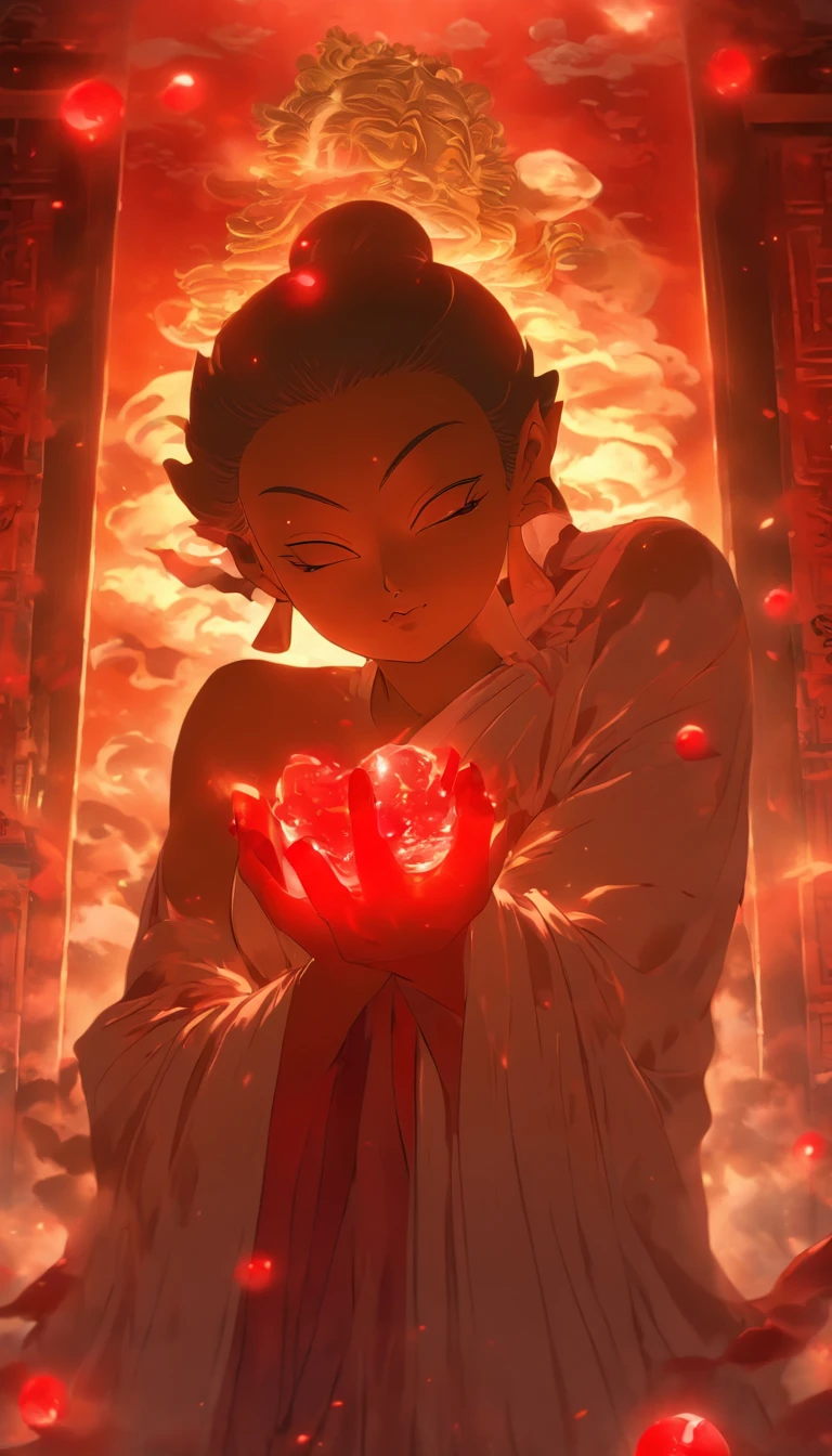 Blood red room, Flashing white TV screen, BUDDHA STATUE, Cover one eye and face, Bright red eyes, Wearing a white transparent robe, Looming full breasts,liquor,Devil, reaching out her hands,Straighten your body, Red nails are exposed, Pinch the camera, hyper HD, Anatomically correct, Textured skin, Super detail, High details, High quality, A high resolution, 8K, hyper HD, Anatomically correct, Textured skin, Super detail, High details, High quality, Best quality, 8K,Leishnampo,Room 2,Horror
