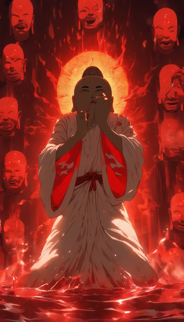 Blood red room, Flashing white TV screen, BUDDHA STATUE, Cover one eye and face, Bright red eyes, Wearing a white transparent robe, Looming full breasts,liquor,Devil, reaching out her hands,Straighten your body, Red nails are exposed, Pinch the camera, hyper HD, Anatomically correct, Textured skin, Super detail, High details, High quality, A high resolution, 8K, hyper HD, Anatomically correct, Textured skin, Super detail, High details, High quality, Best quality, 8K,Leishnampo,Room 2,Horror