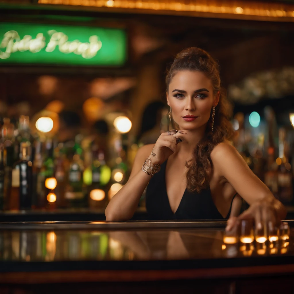 a girl sitting at a bar counter, blurred background, dimly lit, vibrant colors, bokeh, nightlife, drinks, cocktail glasses, elegant bartender, sophisticated atmosphere, reflection of lights on the counter, smoke from cigarettes, cozy and intimate setting